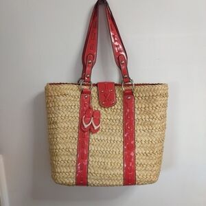 Liz Claiborne Pink and Tan Large Woven Shoulder Bag Double Handle Silver Hardwar